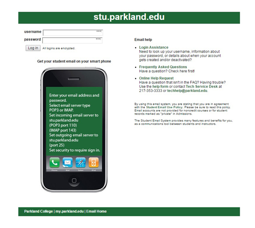 Parkland Webmail login page