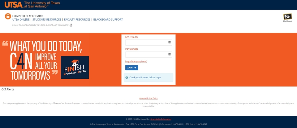 UTSA blackboard login platform screenshot