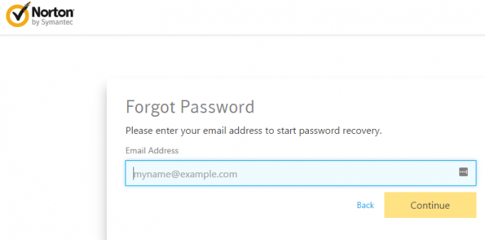 Norton Accoung login password reset page